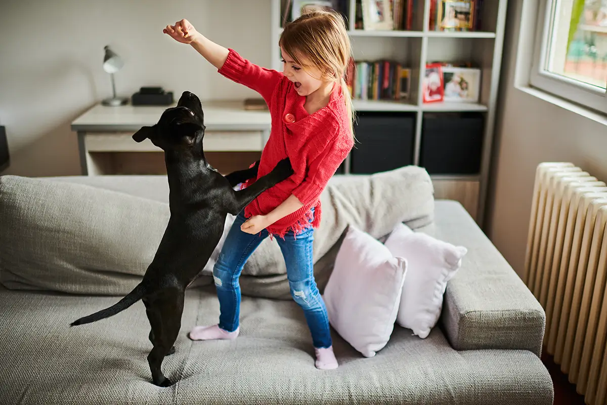 Girl playing with puppy